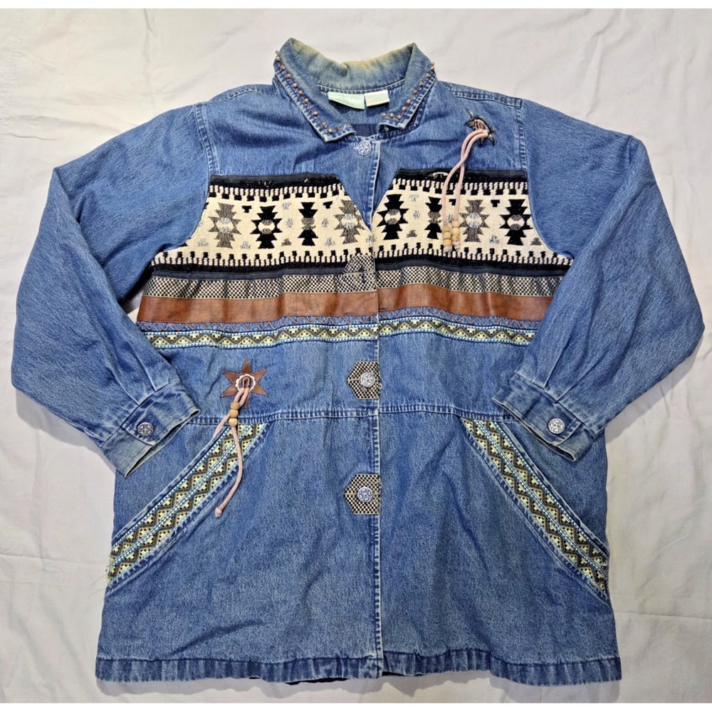 VTG 220 Hickory Women Jacket Big Tall 2XL Blue Denim Southwestern Aztec Lined